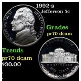 1992-s Proof Jefferson Nickel 5c pr70 dcam SEGS