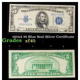 1934A $5 Blue Seal Silver Certificate Grades xf+