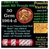 BU Shotgun Lincoln 1c roll, 1964-d 50 pcs Dunbar W