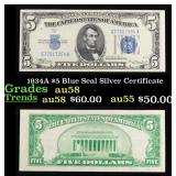 1934A $5 Blue Seal Silver Certificate Grades Choic