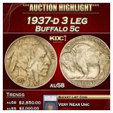 *Highlight* 1937-d 3 leg Buffalo Nickel 5c au58 SE