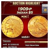 *Highlight* 1909-p Gold Indian Half Eagle $5 ms64+