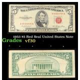 1953 $5 Red Seal United States Note Grades vf++