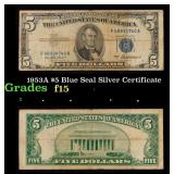 1953A $5 Blue Seal Silver Certificate Grades f+