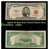 1953A $5 Red Seal United States Note Grades vf+