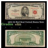 1953 $5 Red Seal United States Note Grades vf+