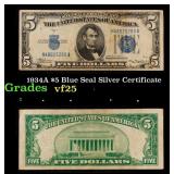 1934A $5 Blue Seal Silver Certificate Grades vf+