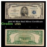 1953 $5 Blue Seal Silver Certificate Grades vf+