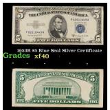 1953B $5 Blue Seal Silver Certificate Grades xf