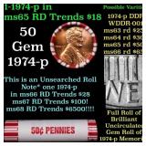 BU Shotgun Lincoln 1c roll, 1974-p 50 pcs Bank Wra