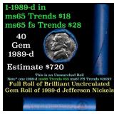 BU Shotgun Jefferson 5c roll, 1989-d 40 pcs Bank $