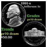 1991-s Proof Jefferson Nickel 5c pr70 dcam SEGS