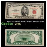 1953A $5 Red Seal United States Note Grades vf++