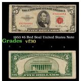1953 $5 Red Seal United States Note Grades vf++