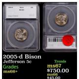 2005-d Bison Jefferson Nickel 5c ms66+ SEGS
