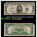 1953 $5 Blue Seal Silver Certificate Grades vf det