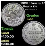 1908 Russia 15 Kopeks Silver Y# 21a.2 Grades Choic
