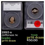 1992-s Proof Jefferson Nickel 5c pr70 dcam SEGS