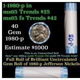 BU Shotgun Jefferson 5c roll, 1980-p 40 pcs Bank $