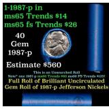 BU Shotgun Jefferson 5c roll, 1987-p 40 pcs Bank $