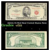 1953A $5 Red Seal United States Note Grades vf++