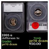 1991-s Proof Jefferson Nickel 5c pr70 dcam SEGS