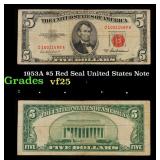 1953A $5 Red Seal United States Note Grades vf+
