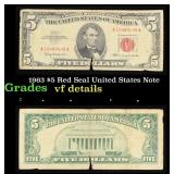 1963 $5 Red Seal United States Note Grades vf deta