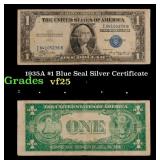 1935A $1 Blue Seal Silver Certificate Grades vf+