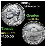 1980-p Jefferson Nickel 5c Grades GEM+ 5fs