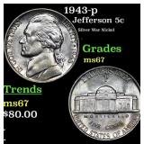 1943-p Jefferson Nickel 5c Grades GEM++ Unc