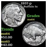 1937-p Buffalo Nickel 5c Grades Choice Unc