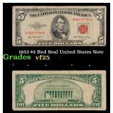 1953 $5 Red Seal United States Note Grades vf+