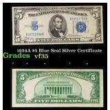 1934A $5 Blue Seal Silver Certificate Grades vf++