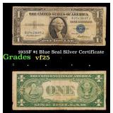 1935F $1 Blue Seal Silver Certificate Grades vf+