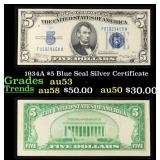 1934A $5 Blue Seal Silver Certificate Grades Selec