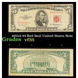 1953A $5 Red Seal United States Note Grades vf++