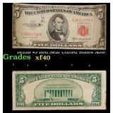 1953B $5 Red Seal United States Note Grades xf