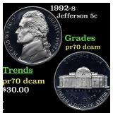 1992-s Proof Jefferson Nickel 5c pr70 dcam SEGS