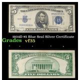1934D $5 Blue Seal Silver Certificate Grades vf++