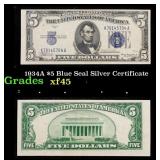 1934A $5 Blue Seal Silver Certificate Grades xf+