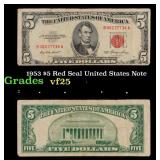 1953 $5 Red Seal United States Note Grades vf+