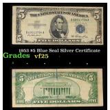 1953 $5 Blue Seal Silver Certificate Grades vf+