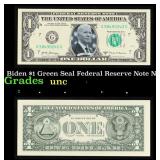 Biden $1 Green Seal Federal Reserve Note Grades Br