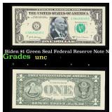 Biden $1 Green Seal Federal Reserve Note Grades Br