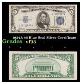 1934A $5 Blue Seal Silver Certificate Grades vf++