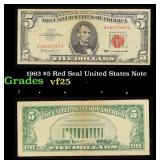 1963 $5 Red Seal United States Note Grades vf+