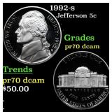 1992-s Proof Jefferson Nickel 5c pr70 dcam SEGS