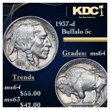 1937-d Buffalo Nickel 5c Grades Choice Unc