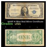 1935F $1 Blue Seal Silver Certificate Grades vf+